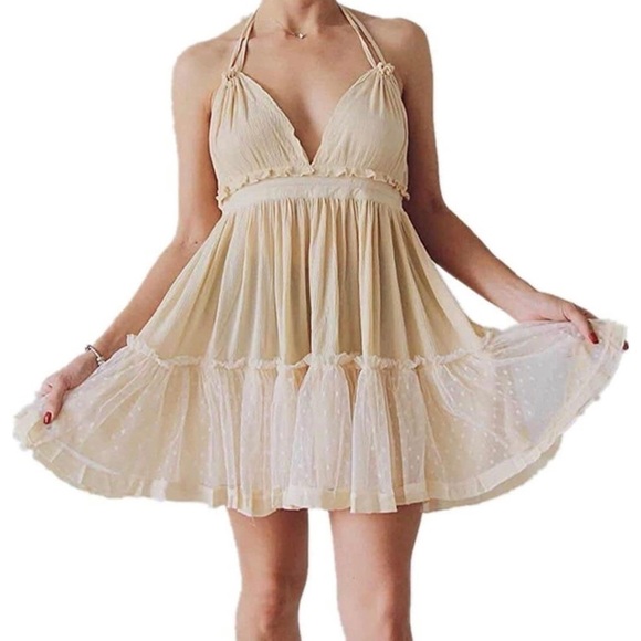ForeMode Beige Plunge V-Neck Backless Halter Mini Babydoll Boho Dress Size XL - Picture 3 of 11